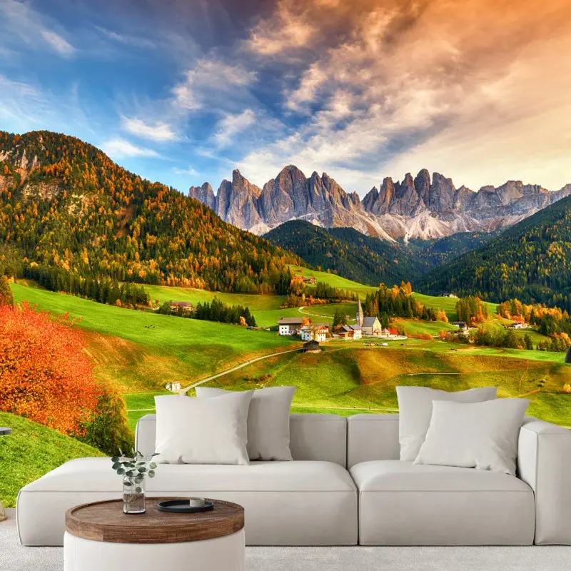 Fototapete herbstlicher sonnenuntergang über Santa Maddalena, Dolomiten