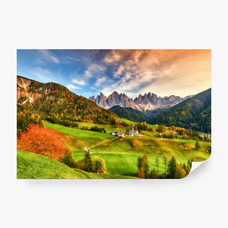 Fototapete herbstlicher sonnenuntergang über Santa Maddalena, Dolomiten