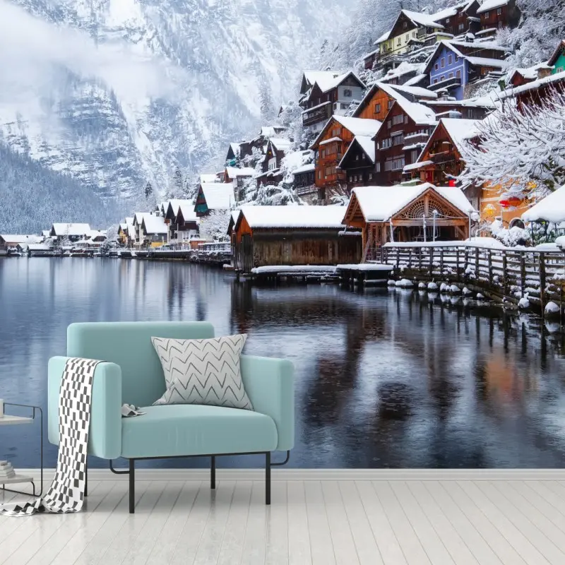 Fototapete verschneites Hallstatt am see
