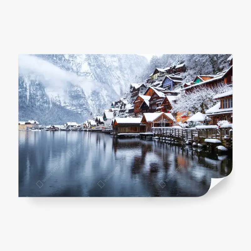 Fototapete verschneites Hallstatt am see