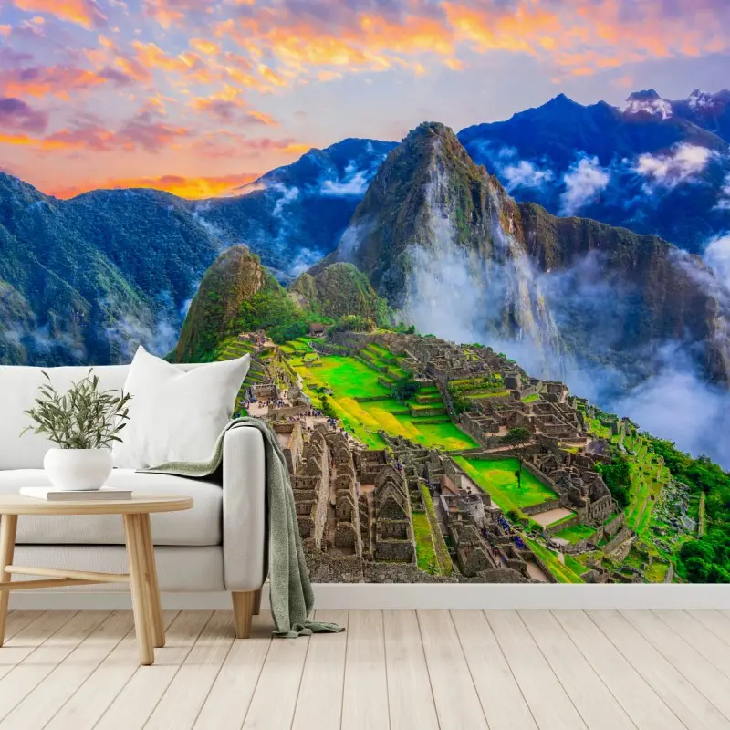 Fototapete sonnenuntergang über Machu Picchu antike Inka-zitadelle