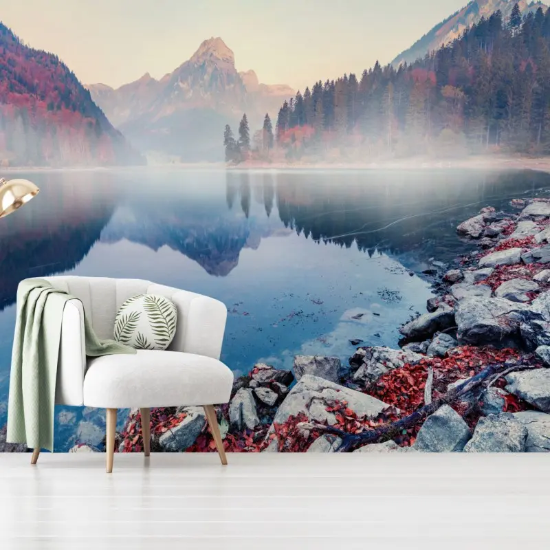 Fototapete nebliger herbstmorgen am Obersee, Schweizer Alpen