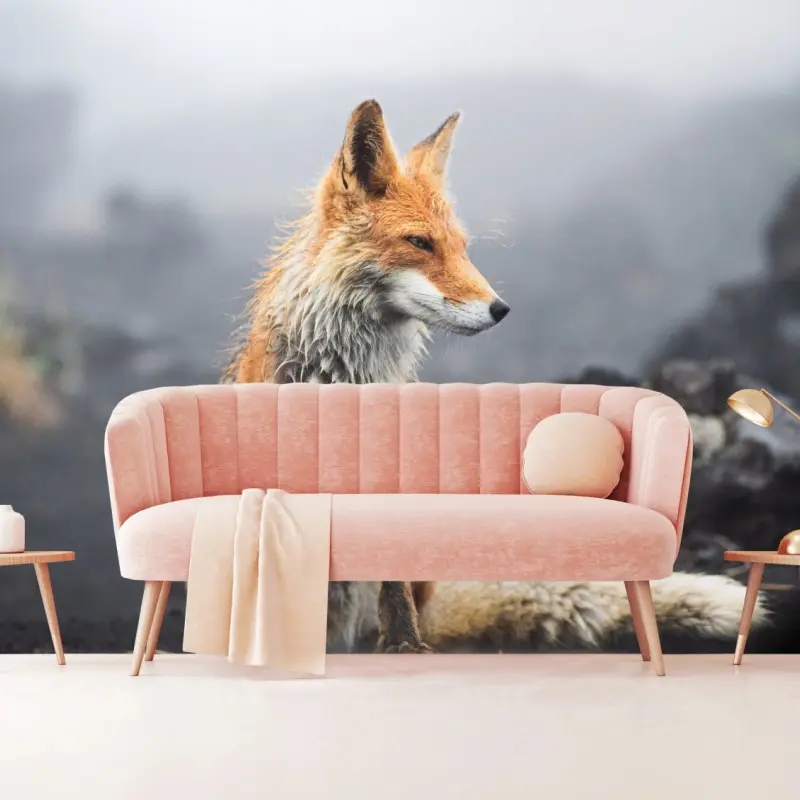 Fototapete roter fuchs in nebliger landschaft