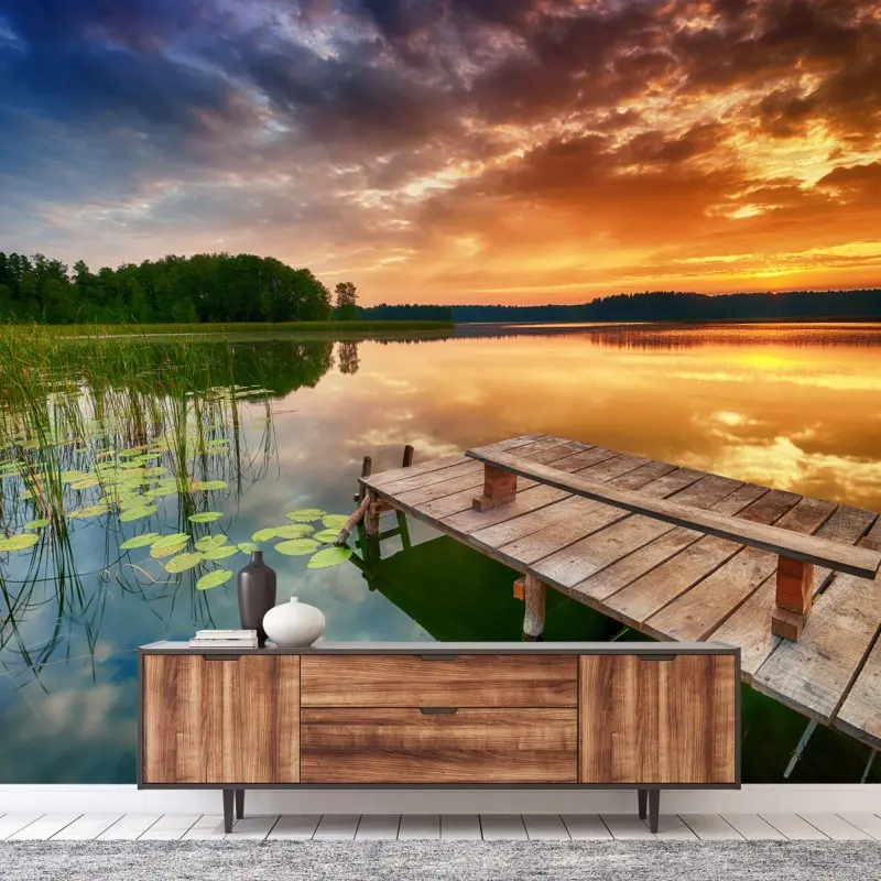 Fototapete goldener sonnenaufgang über ruhigem see