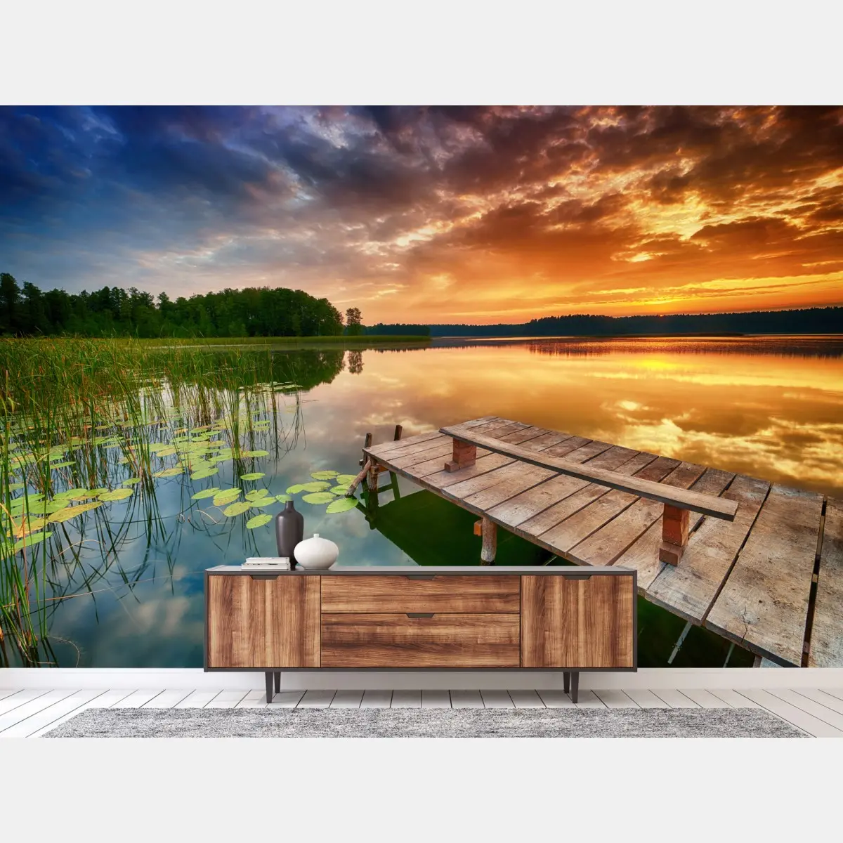Fototapete goldener sonnenaufgang über ruhigem see – Pixers®