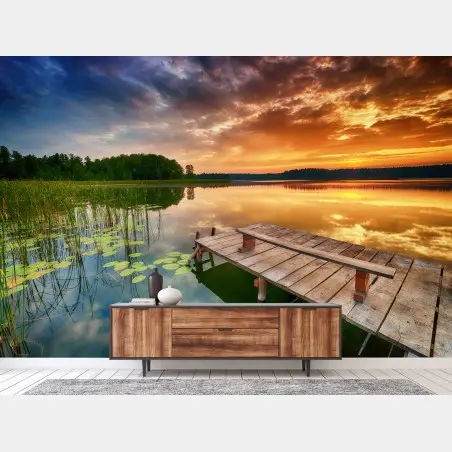 Fototapete goldener sonnenaufgang über ruhigem see – Pixers®