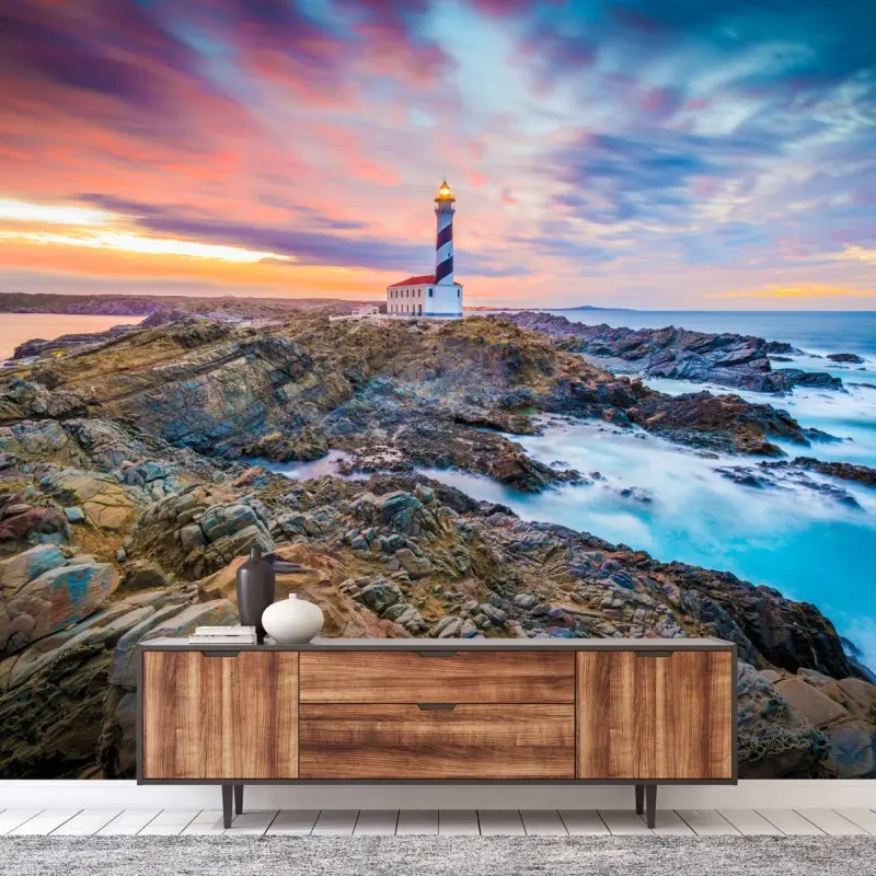 Fototapete sonnenuntergang bei leuchtturm Favaritx, Menorca