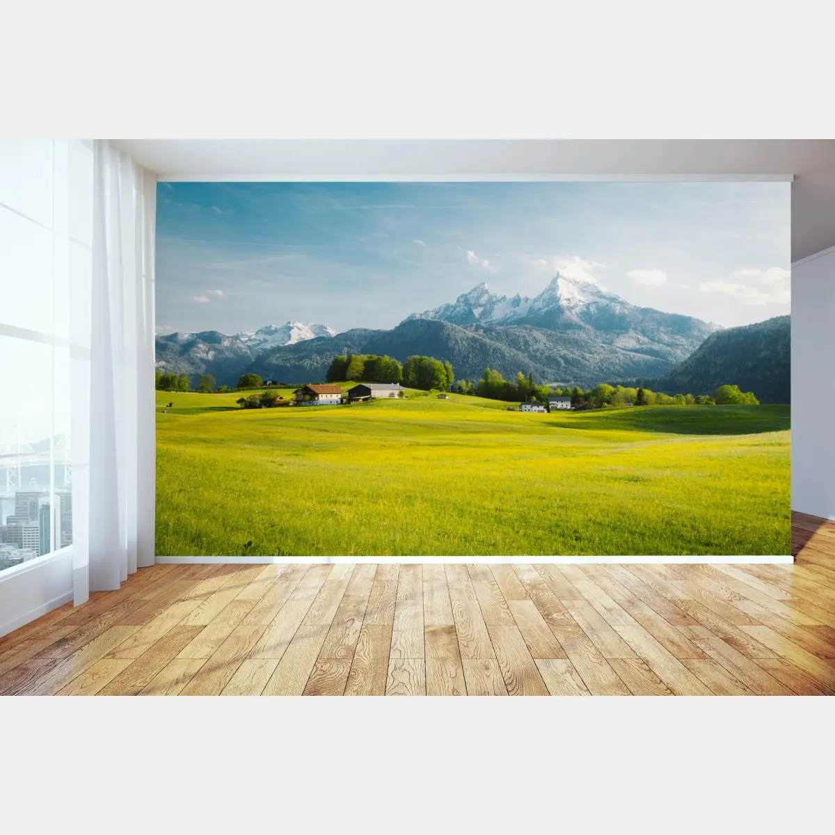 Fototapete alpwiese unter schneebedeckten gipfeln – Pixers®