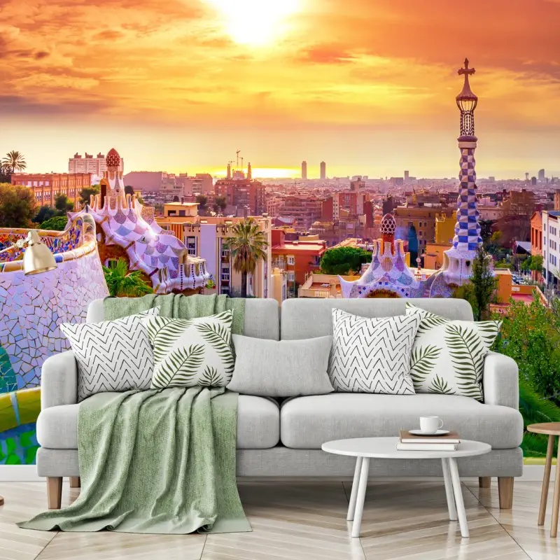Fototapete sonnenuntergang über Park Güell in Barcelona