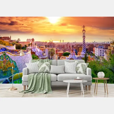 Fototapete sonnenuntergang über Park Güell in Barcelona – Pixers®