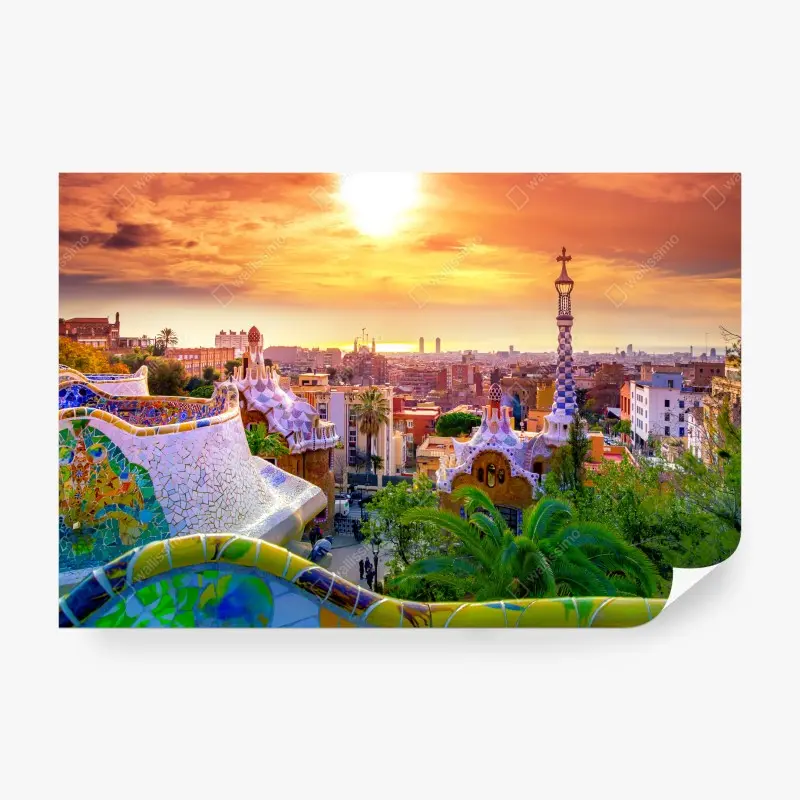 Fototapete sonnenuntergang über Park Güell in Barcelona