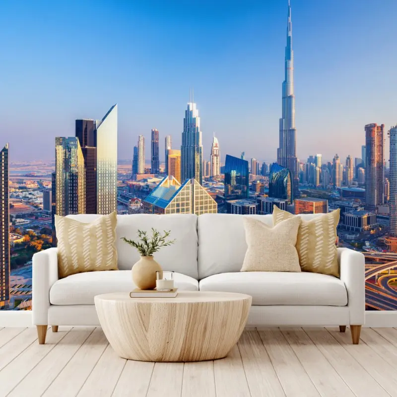 Fototapete panorama Dubais mit Burj Khalifa bei sonnenuntergang