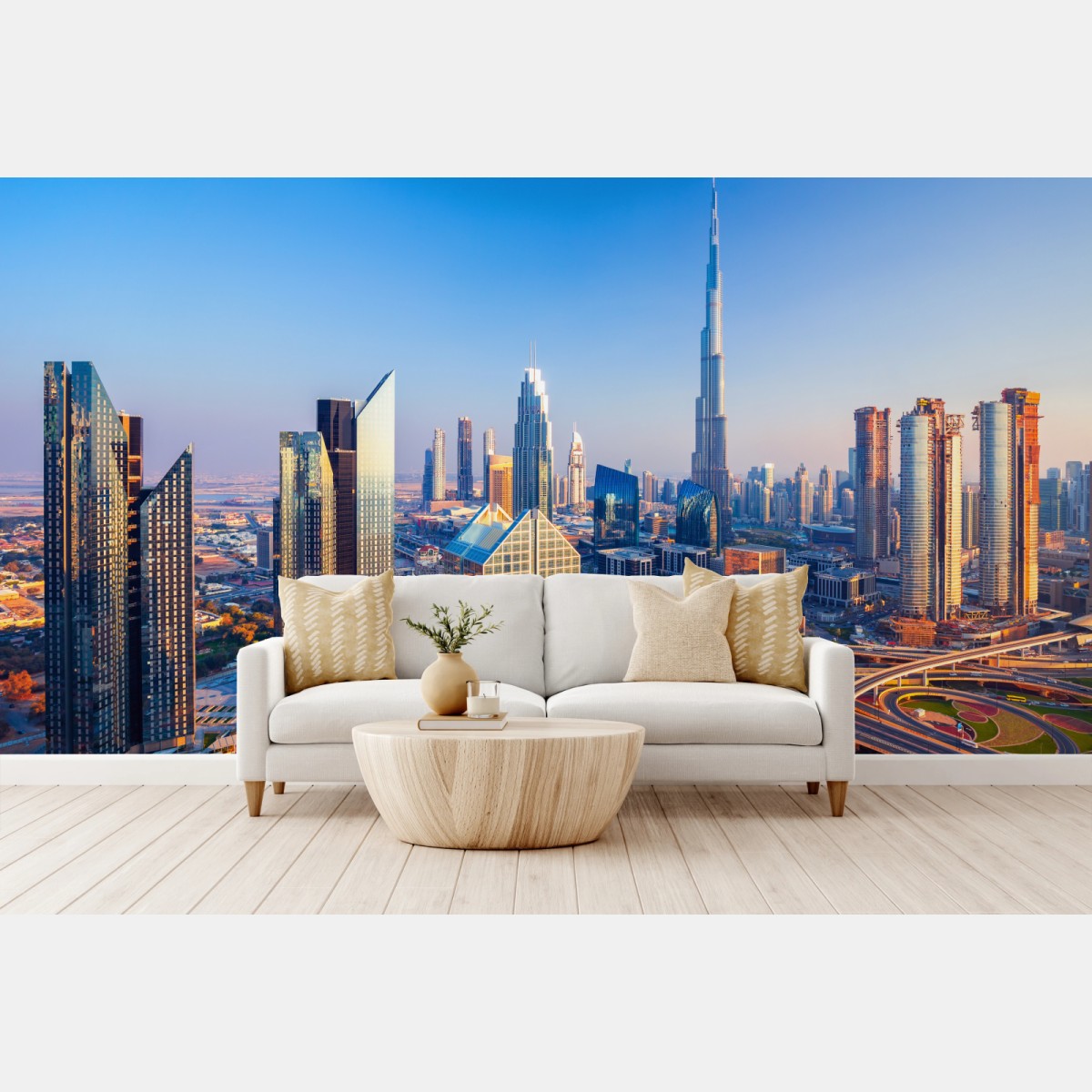 Fototapete panorama Dubais mit Burj Khalifa bei sonnenuntergang – Pixers®