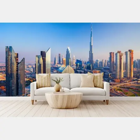 Fototapete panorama Dubais mit Burj Khalifa bei sonnenuntergang – Pixers®