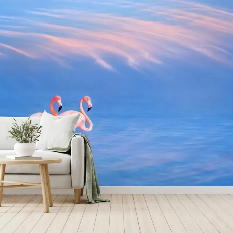 Fototapete rosa flamingos auf pastellfarbenem wasser