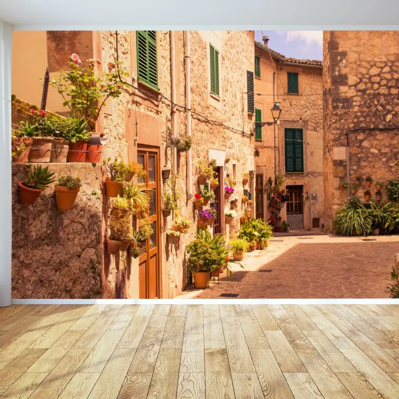Fototapete sonnige mediterrane gasse mit blumentöpfen