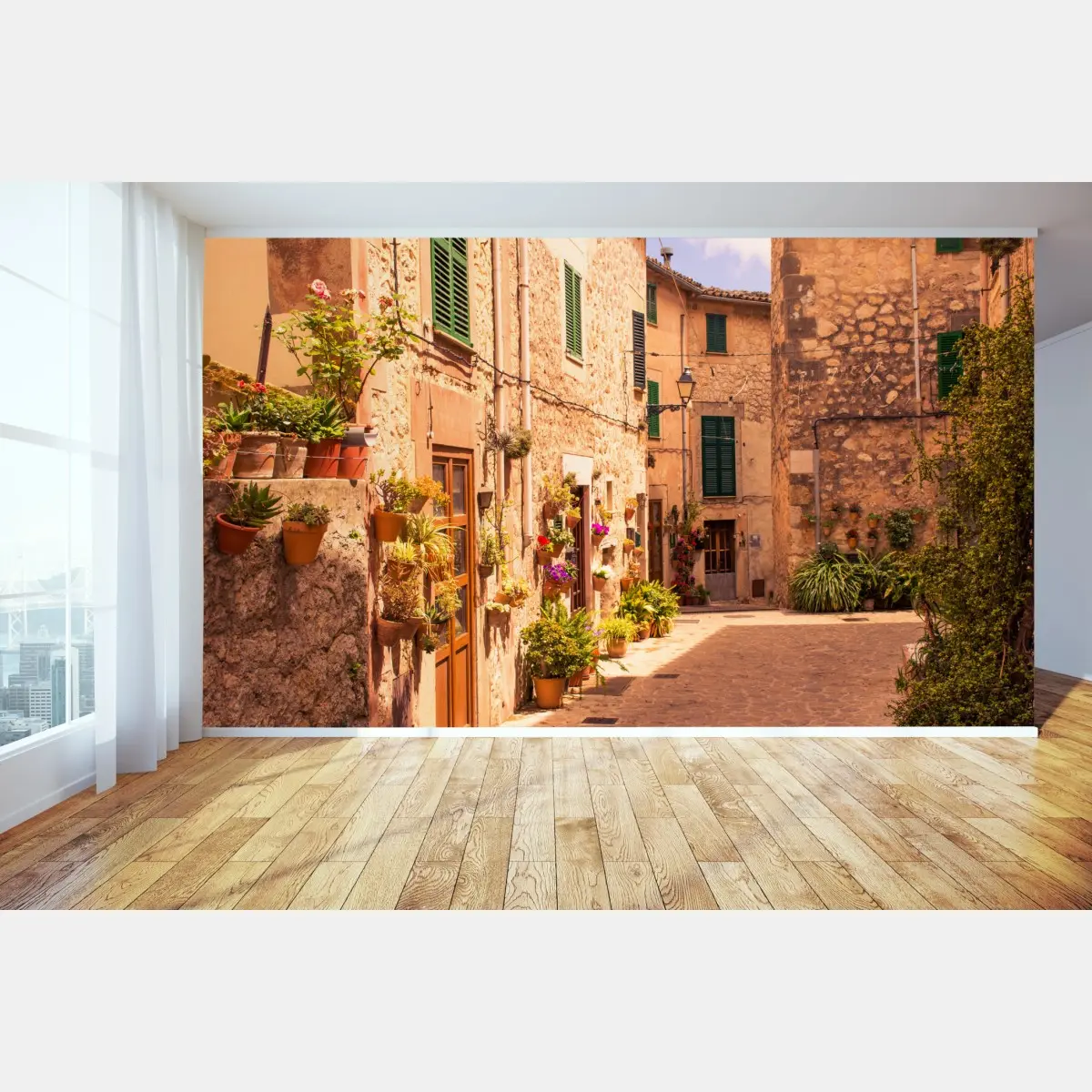 Fototapete sonnige mediterrane gasse mit blumentöpfen – Pixers®
