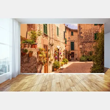 Fototapete sonnige mediterrane gasse mit blumentöpfen – Pixers®