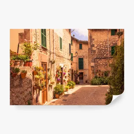 Fototapete sonnige mediterrane gasse mit blumentöpfen – Pixers®
