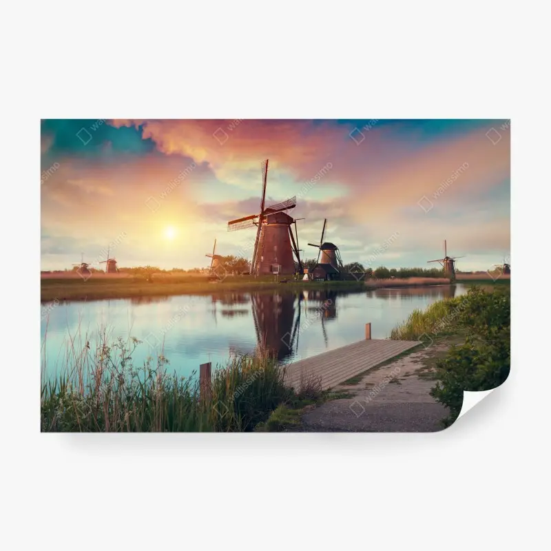 Fototapete sonnenuntergang über windmühlen in den Niederlanden