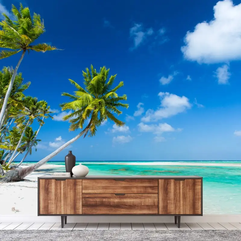 Fototapete tropischer strand mit palmen und türkisfarbenem wasser