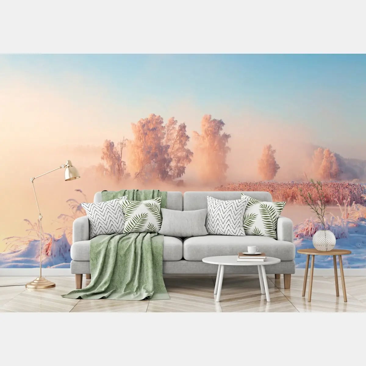 Fototapete winterlicher sonnenaufgang über einer frostigen wiese – Pixers®