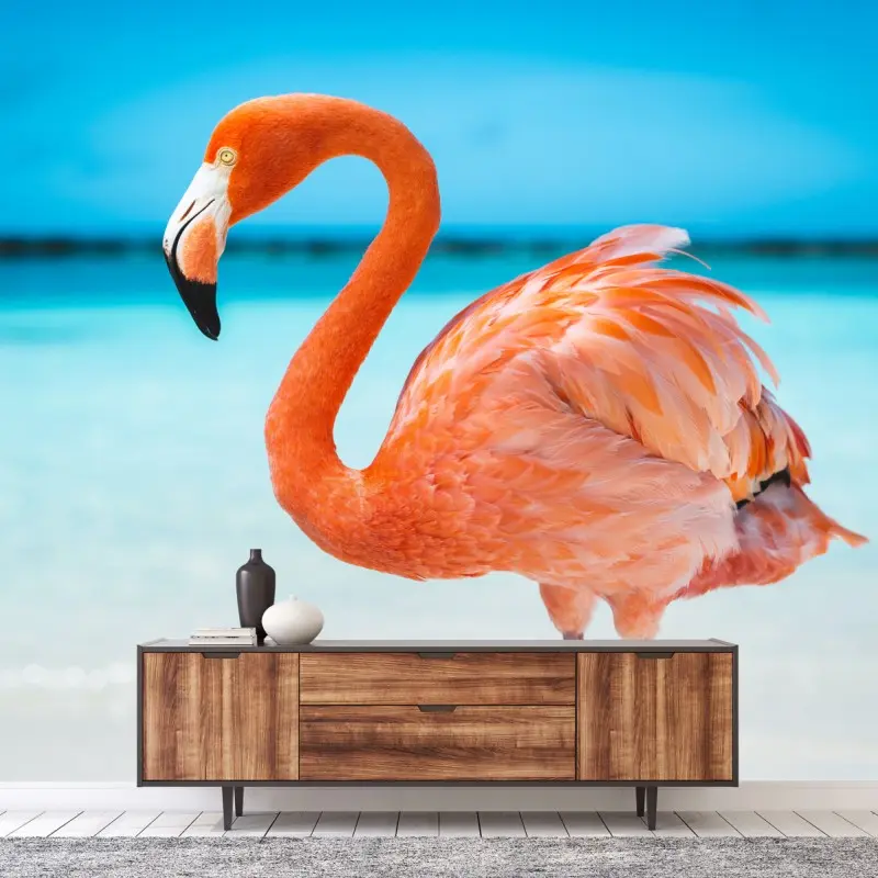Fototapete leuchtender rosa flamingo am türkisfarbenen strand