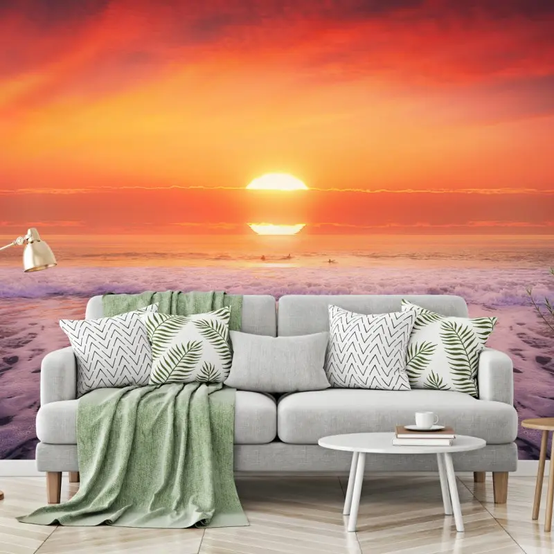 Fototapete goldener sonnenuntergang über ruhigem strand