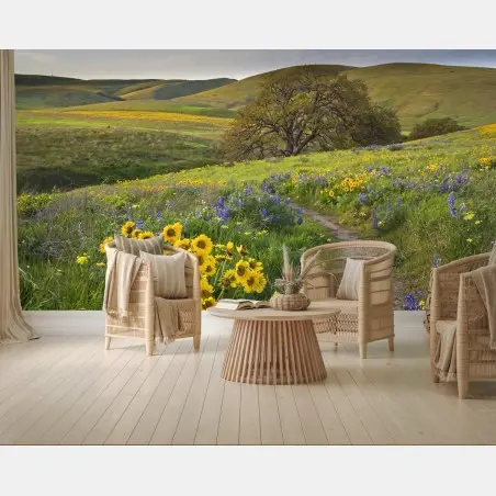 Fototapete pfad durch blumenwiese mit eichenbaum – Pixers®