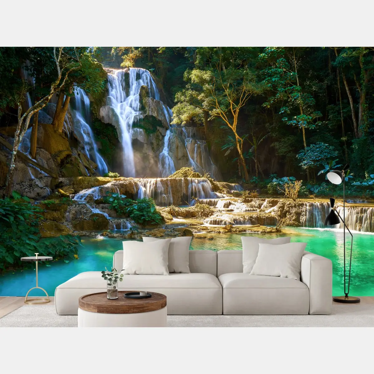 Fototapete türkisfarbener wasserfall im üppigen wald – Pixers®