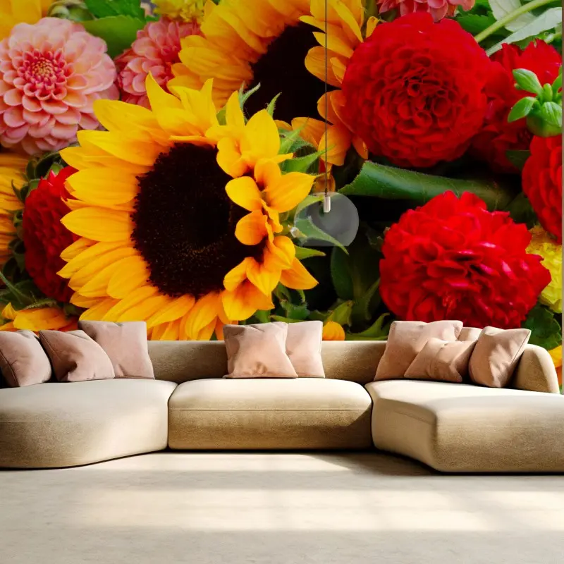 Fototapete nahaufnahme sonnenblumen- und dahlienstrauß