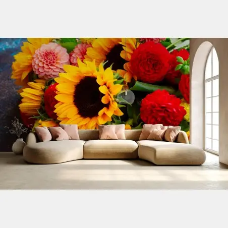 Fototapete nahaufnahme sonnenblumen- und dahlienstrauß – Pixers®