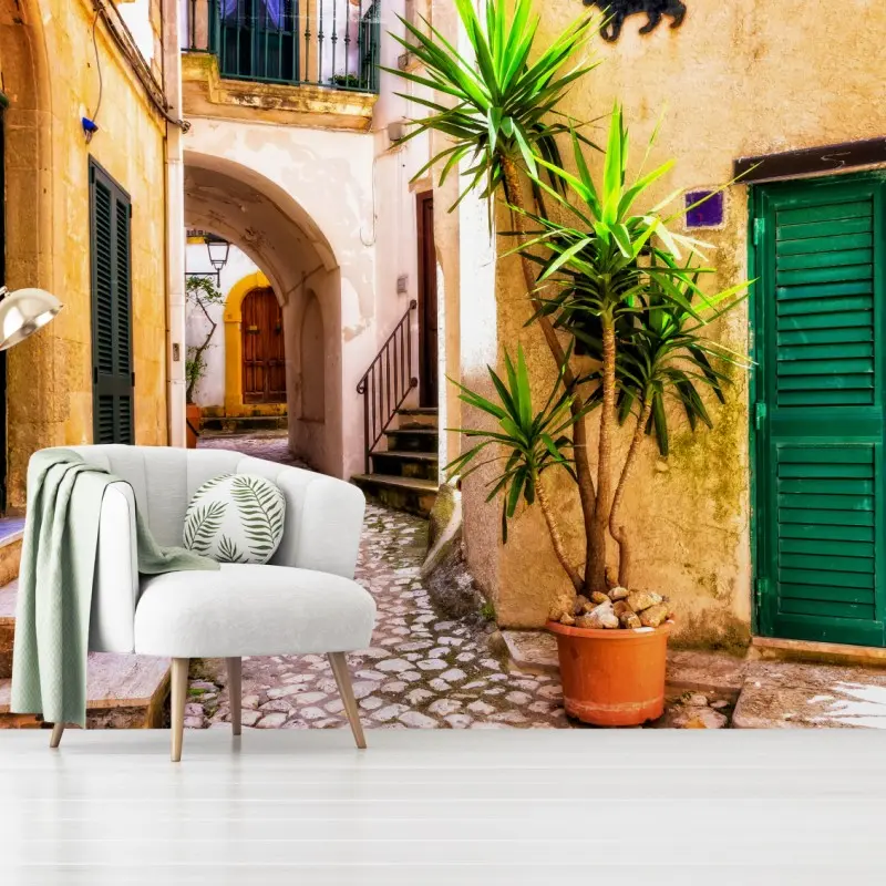 Fototapete sonnige mediterrane gasse mit grünen jalousien