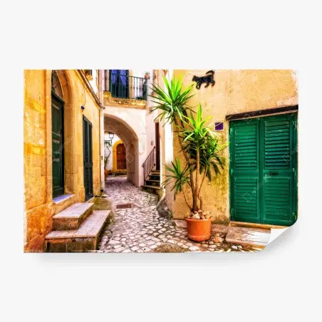 Fototapete sonnige mediterrane gasse mit grünen jalousien – Pixers®