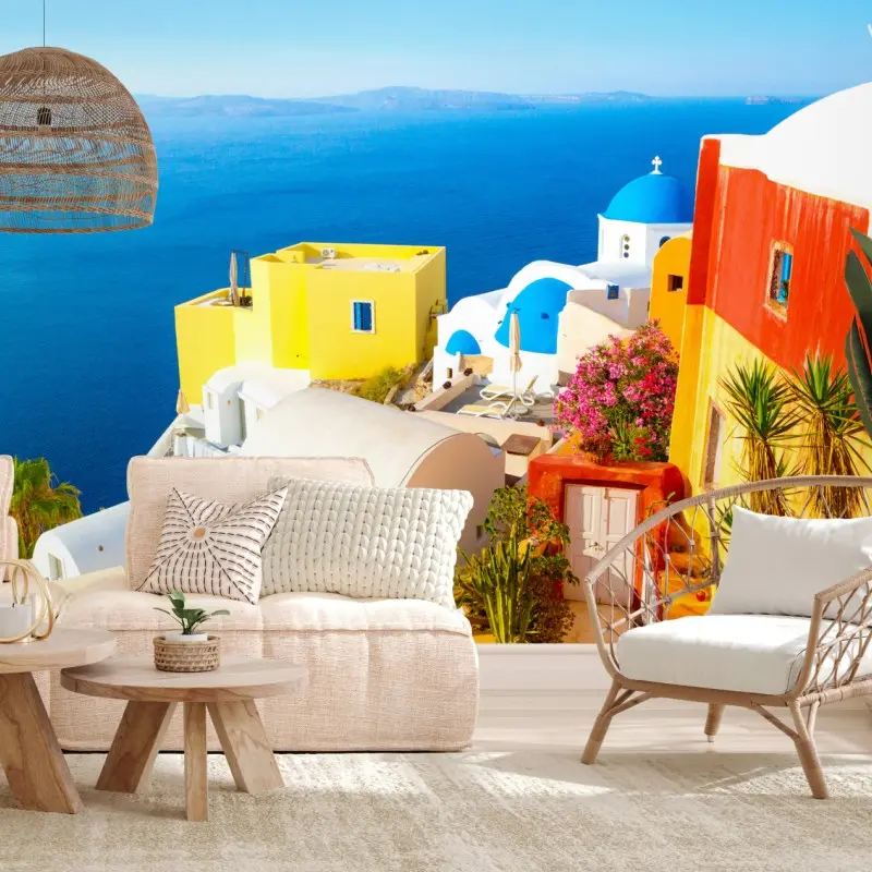 Fototapete sonniges Santorini küstendorf