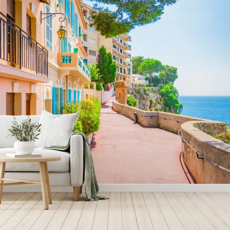 Fototapete mediterrane promenade mit pastellfarbenen häusern
