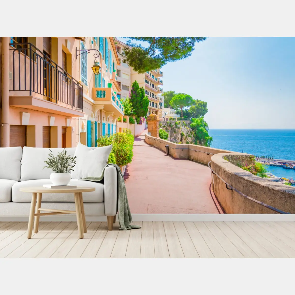 Fototapete mediterrane promenade mit pastellfarbenen häusern – Pixers®