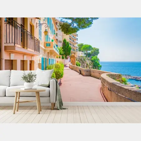 Fototapete mediterrane promenade mit pastellfarbenen häusern – Pixers®
