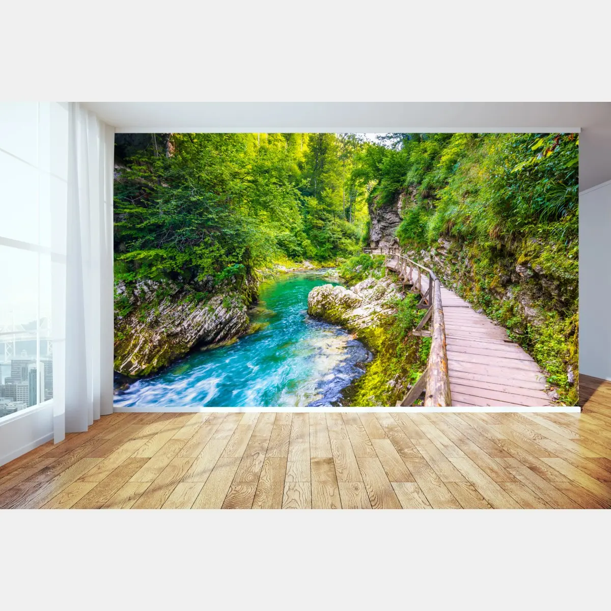 Fototapete türkisfarbener fluss und holzsteg im wald – Pixers®