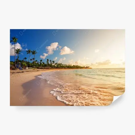 Fototapete tropischer sonnenuntergang am strand mit palmensilhouetten – Pixers®