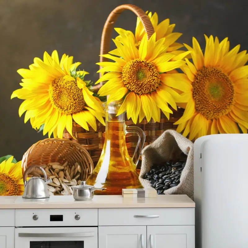 Fototapete leuchtendes stillleben mit sonnenblumen, kernen und öl