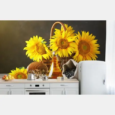 Fototapete leuchtendes stillleben mit sonnenblumen, kernen und öl – Pixers®