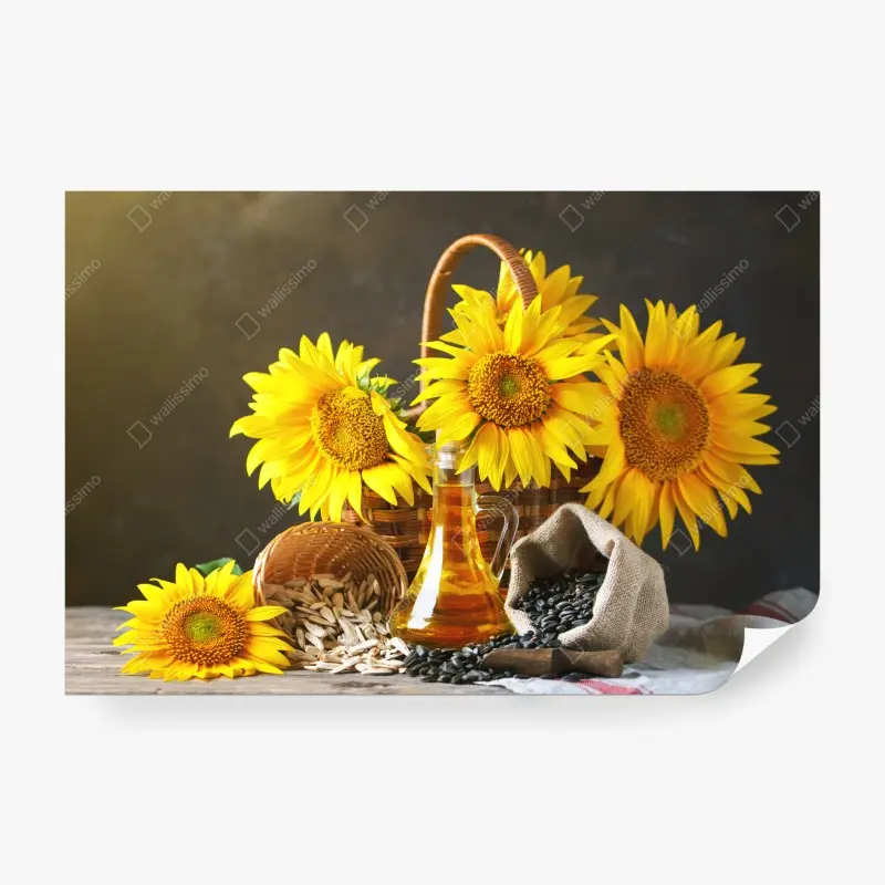 Fototapete leuchtendes stillleben mit sonnenblumen, kernen und öl
