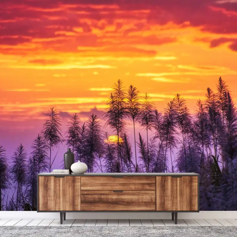 Fototapete goldener sonnenuntergang über wildgräsern