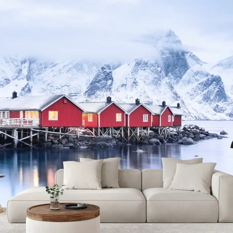 Fototapete sonnenaufgang über den roten hütten der Lofoten