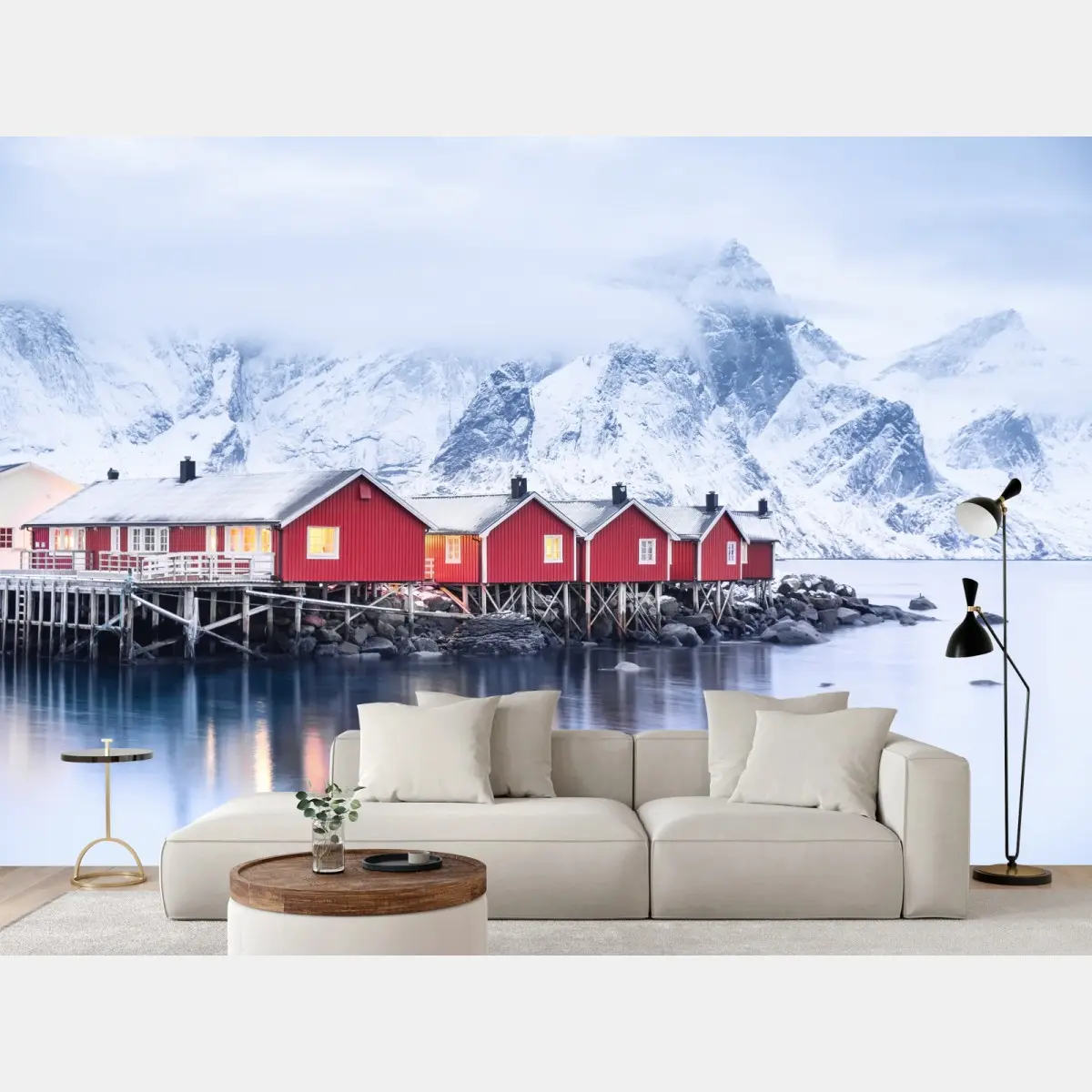 Fototapete sonnenaufgang über den roten hütten der Lofoten – Pixers®