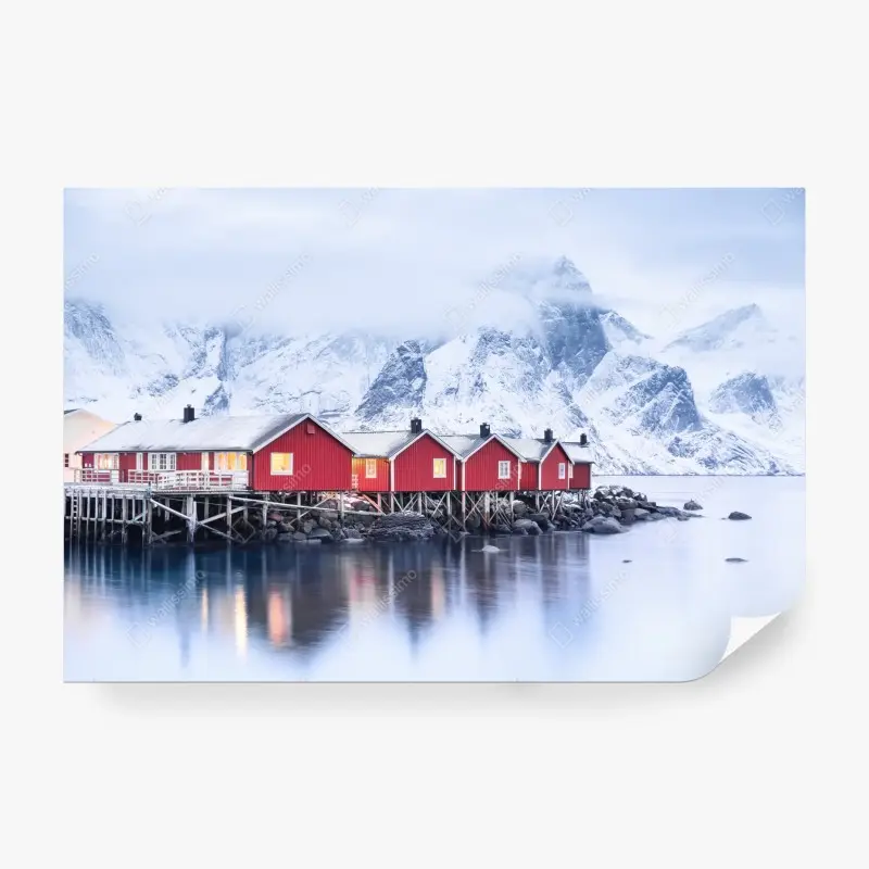 Fototapete sonnenaufgang über den roten hütten der Lofoten