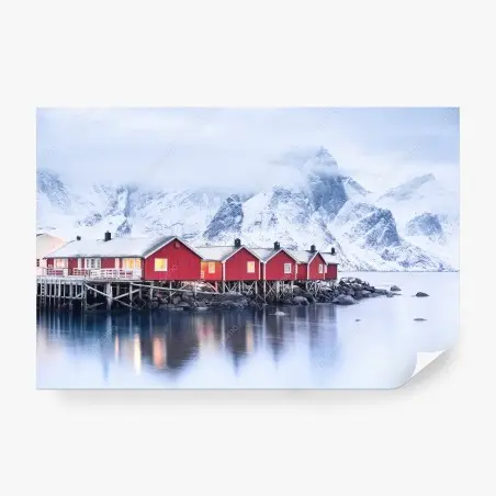 Fototapete sonnenaufgang über den roten hütten der Lofoten – Pixers®