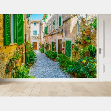 Fototapete sonnige gasse mit grünen fensterläden – Pixers®