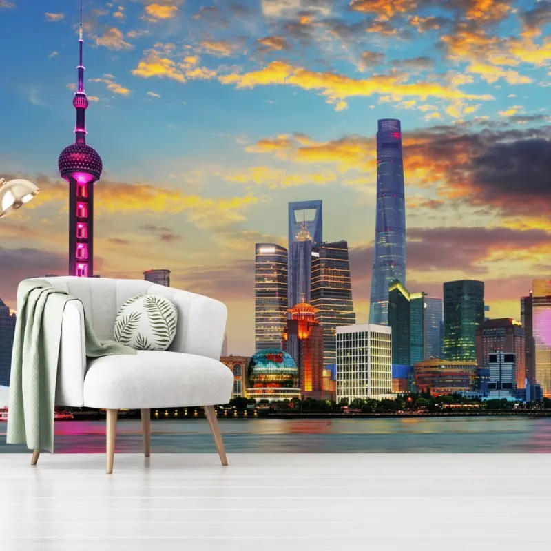 Fototapete Shanghai skyline bei sonnenuntergang